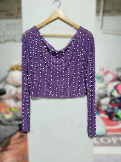 SHEIN|L|BUST 19|PURPLE SHEER MESH PEARL EMBELLISHED CROP TOP