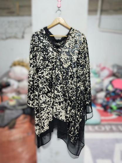 BLACK AND GOLD SEQUIN ASYMMETRICAL KAFTAN TOP|FREE SIZE