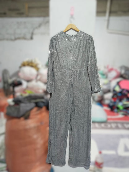 SILVER SEQUIN LONG SLEEVE WIDE LEG JUMPSUIT|BUST 21X|L/XXL