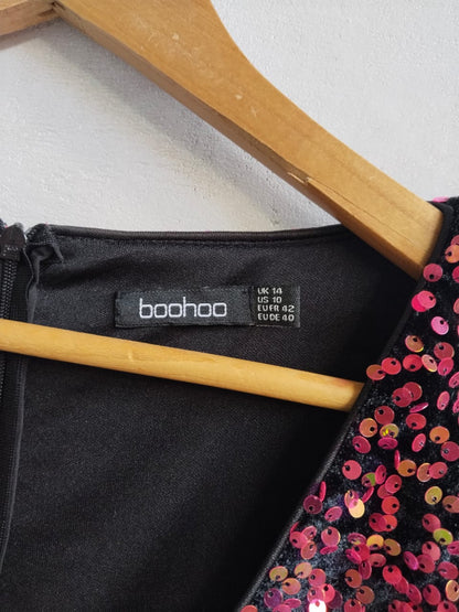 BOOHOO|L|BUST 19| TALL SEQUIN BALLOON SLEEVE PLUNGE MIDI DRESS