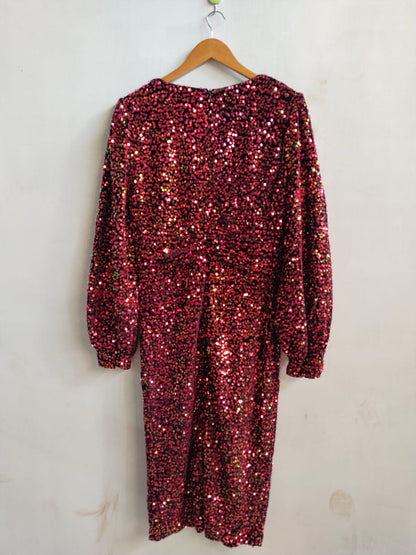 BOOHOO|L|BUST 19| TALL SEQUIN BALLOON SLEEVE PLUNGE MIDI DRESS