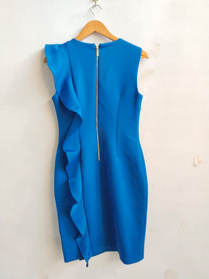 CALVIN KLEIN|S|M|BUST 17|ROYAL BLUE SLEEVELESS RUFFLE SHEATH DRESS