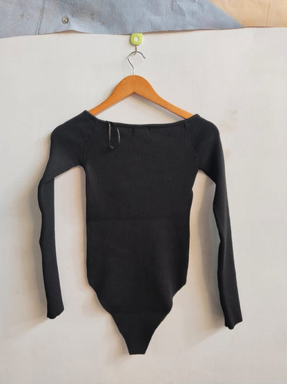 PRIMARK|S|BUST 12.5|BLACK RIBBED OFF-THE-SHOULDER LONG SLEEVE BODYSUIT