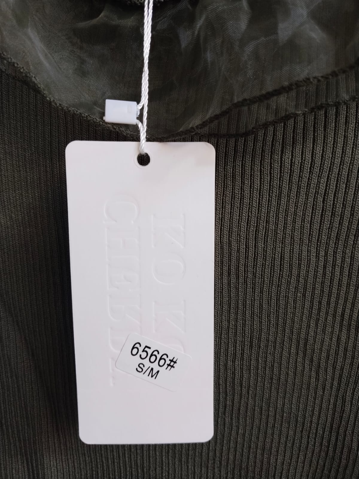 CHERRY KOKO|S/M|BUST 12.5|KHAKI GREEN RIBBED OFF-THE-SHOULDER TOP WITH RUFFLED ORGANZA SLEEVES