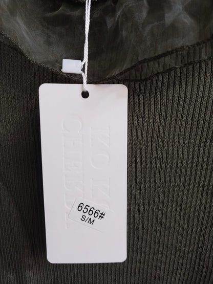 CHERRY KOKO|S/M|BUST 12.5|KHAKI GREEN RIBBED OFF-THE-SHOULDER TOP WITH RUFFLED ORGANZA SLEEVES