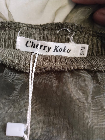 CHERRY KOKO|S/M|BUST 12.5|KHAKI GREEN RIBBED OFF-THE-SHOULDER TOP WITH RUFFLED ORGANZA SLEEVES