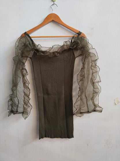 CHERRY KOKO|S/M|BUST 12.5|KHAKI GREEN RIBBED OFF-THE-SHOULDER TOP WITH RUFFLED ORGANZA SLEEVES