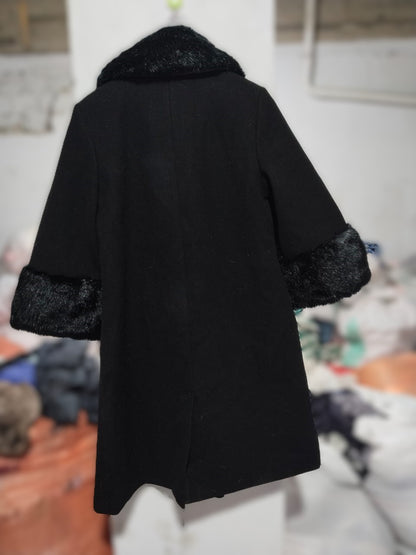 RIVER ISLAND|M|BUST 19| Black Double-Breasted Coat With Faux Fur Trim