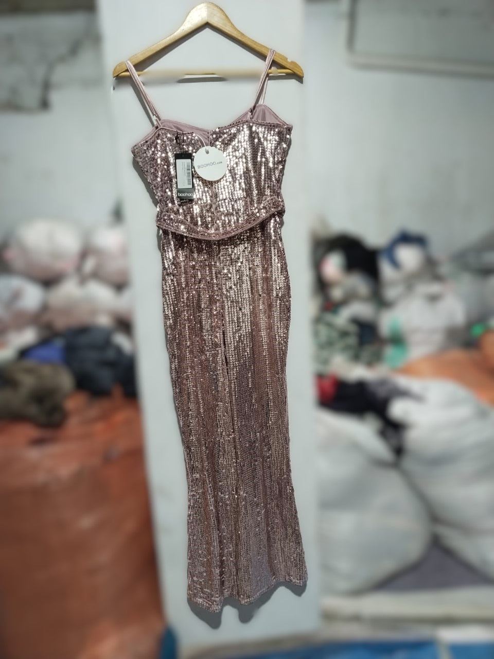 BOOHOO|M|BUST 16|Rose Gold Sequined Flare-Leg Jumpsuit