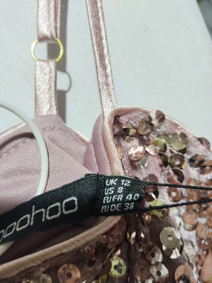 BOOHOO|M|BUST 16|Rose Gold Sequined Flare-Leg Jumpsuit