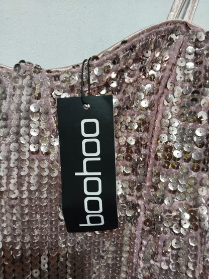 BOOHOO|M|BUST 16|Rose Gold Sequined Flare-Leg Jumpsuit