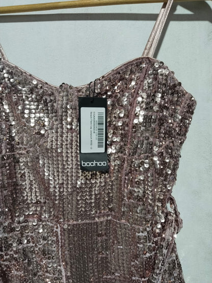 BOOHOO|M|BUST 16|Rose Gold Sequined Flare-Leg Jumpsuit