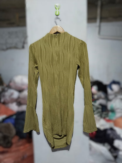 PRETTY LITTLE THING|M|BUST 16| KHAKI RUCHED BODYCON MINI DRESS