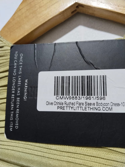 PRETTY LITTLE THING|M|BUST 16| KHAKI RUCHED BODYCON MINI DRESS