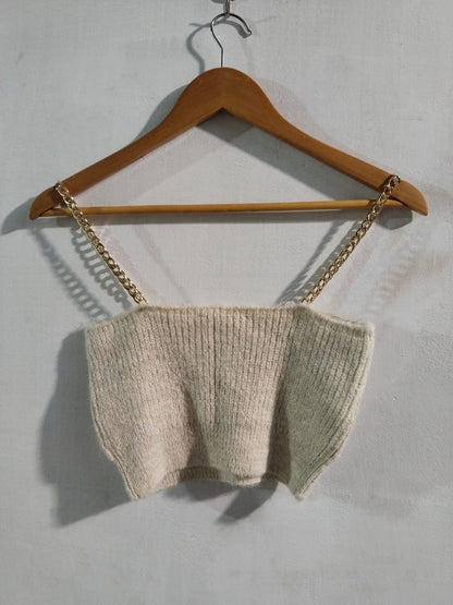 MNG |XS|BUST 13|BEIGE RIBBED KNIT CROP TOP WITH GOLD CHAINS