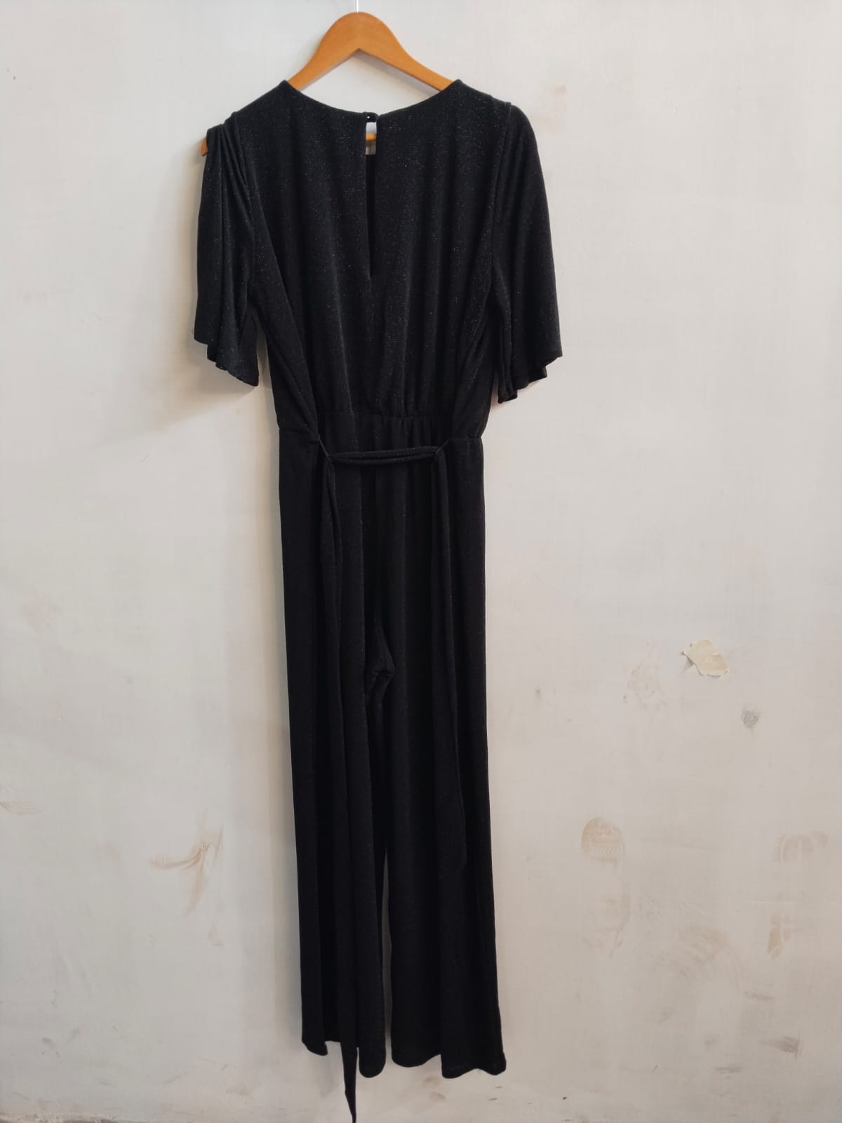 M&CO|L/XL|BUST 20|BLACK GLITTER SHORT SLEEVE WIDE LEG JUMPSUIT