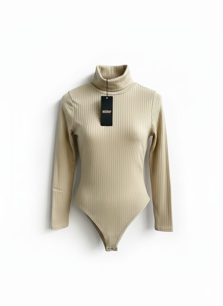 MISSPAP|M|BEIGE RIBBED TURTLENECK BODYSUIT