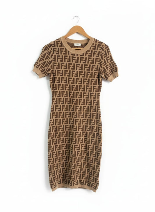 FENDI|S|BUST 15|FF-Logo Knitted Midi Dress