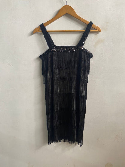 BLACK SEQUIN FRINGE FLAPPER DRESS|S|BUST 15