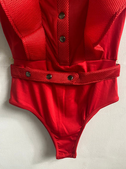 Red Ruffled Bodysuit With A High Neckline|M|BUST 15