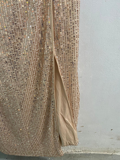 FAERIESTY|XL|BUST 18|GOLD SEQUIN OFF-THE-SHOULDER RUCHED MIDI DRESS