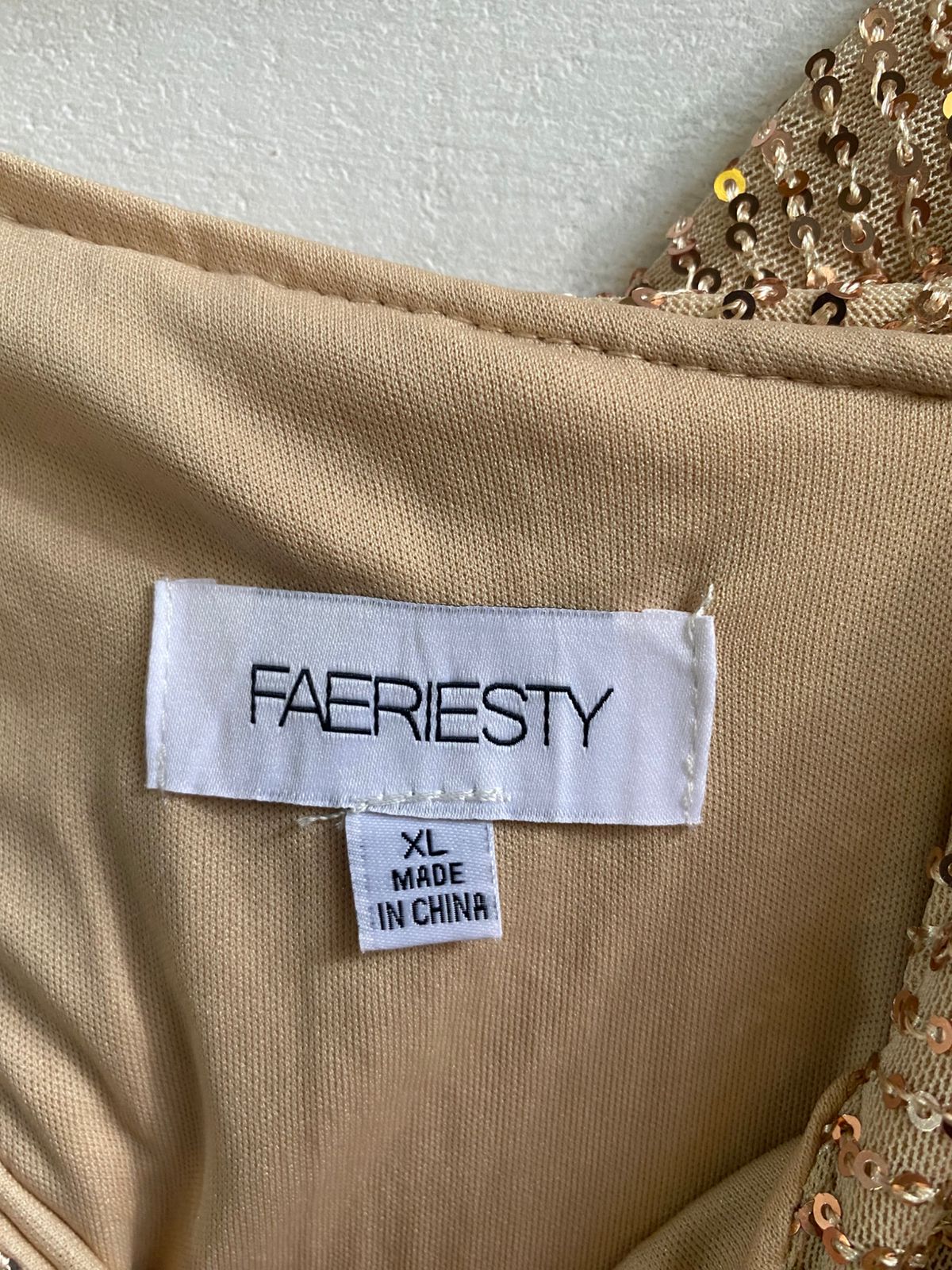 FAERIESTY|XL|BUST 18|GOLD SEQUIN OFF-THE-SHOULDER RUCHED MIDI DRESS