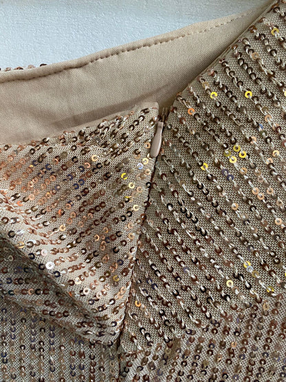 FAERIESTY|XL|BUST 18|GOLD SEQUIN OFF-THE-SHOULDER RUCHED MIDI DRESS