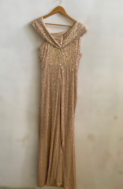 FAERIESTY|XL|BUST 18|GOLD SEQUIN OFF-THE-SHOULDER RUCHED MIDI DRESS