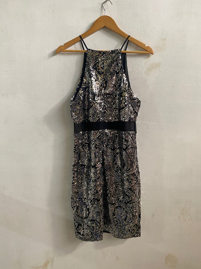 BLACK AND SILVER PAISLEY PRINT MINI DRESS|L|BUST 17