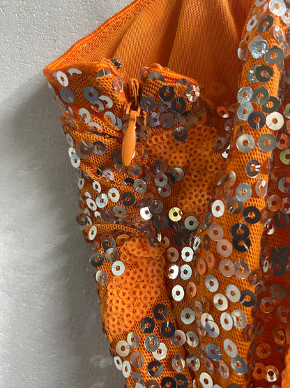 FOREVER 21|L|BUST 16|ORANGE SEQUIN BUTTERFLY RUCHED MINI DRESS