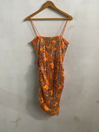 FOREVER 21|L|BUST 16|ORANGE SEQUIN BUTTERFLY RUCHED MINI DRESS