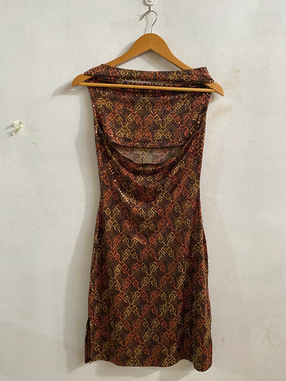 LUNA CHIX|S|BUST 14| BROWN PATTERNED COWL NECK SLEEVELESS DRESS