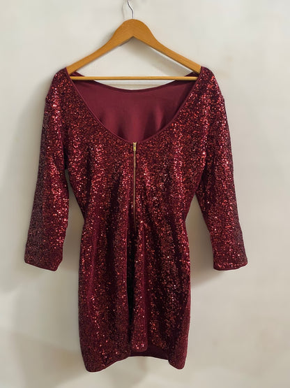 FASHION NOVA|L|BUST 19|BURGUNDY SEQUIN LONG SLEEVE BODYCON MINI DRESS