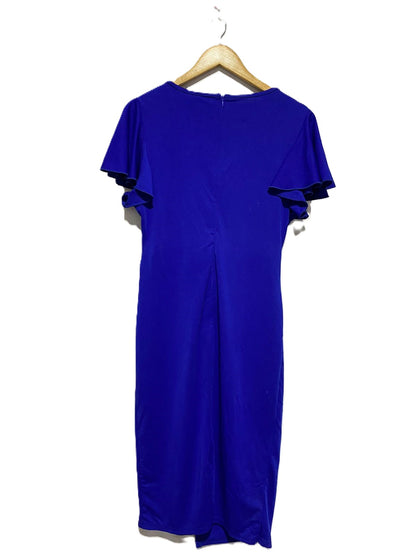 SHEIN |L/XL|BUST 17|ROYAL BLUE RUFFLE-SLEEVE RUCHED SHEATH DRESS