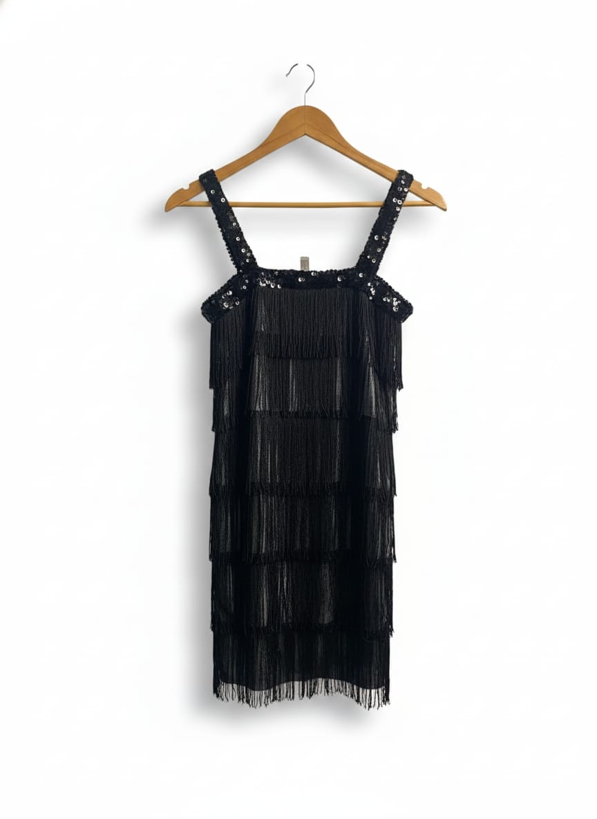 BLACK SEQUIN FRINGE FLAPPER DRESS|S|BUST 15