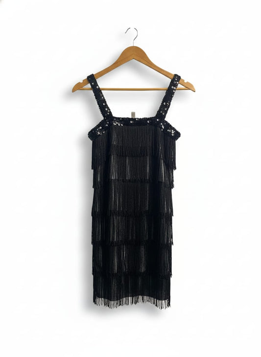 BLACK SEQUIN FRINGE FLAPPER DRESS|S|BUST 15