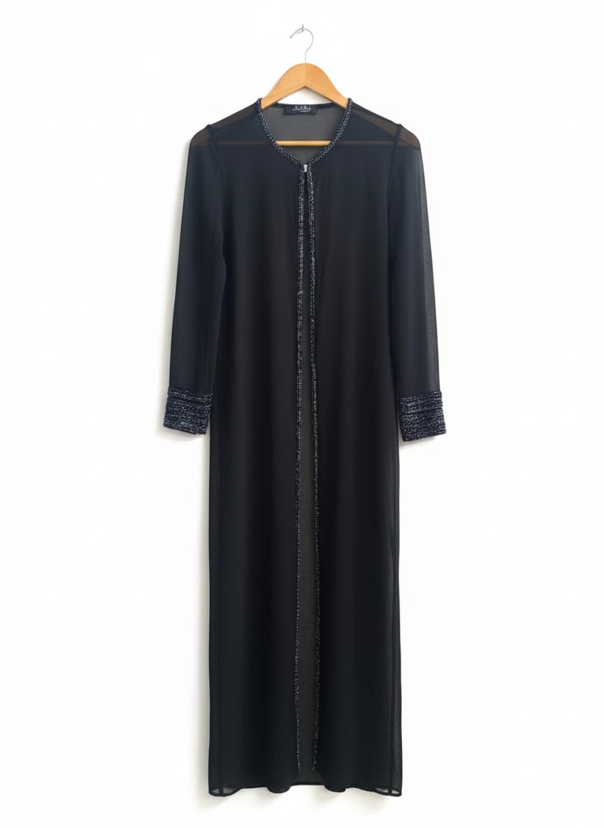 JKARA NEWYORK|S/M|BUST 18|BLACK SHEER EMBLAZONED DUSTER ABAYA