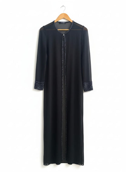 JKARA NEWYORK|S/M|BUST 18|BLACK SHEER EMBLAZONED DUSTER ABAYA