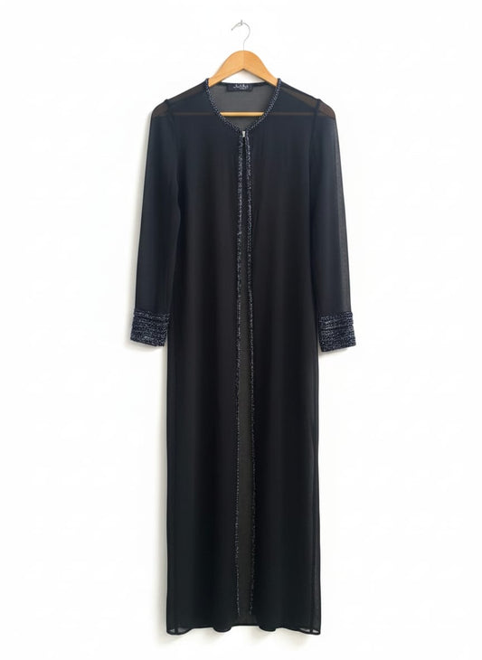 JKARA NEWYORK|S/M|BUST 18|BLACK SHEER EMBLAZONED DUSTER ABAYA