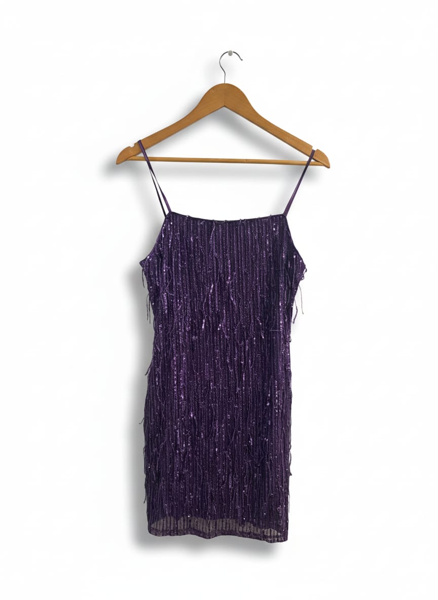 TRIXXI|S|BUST 14|PURPLE SEQUIN FRINGE MINI DRESS