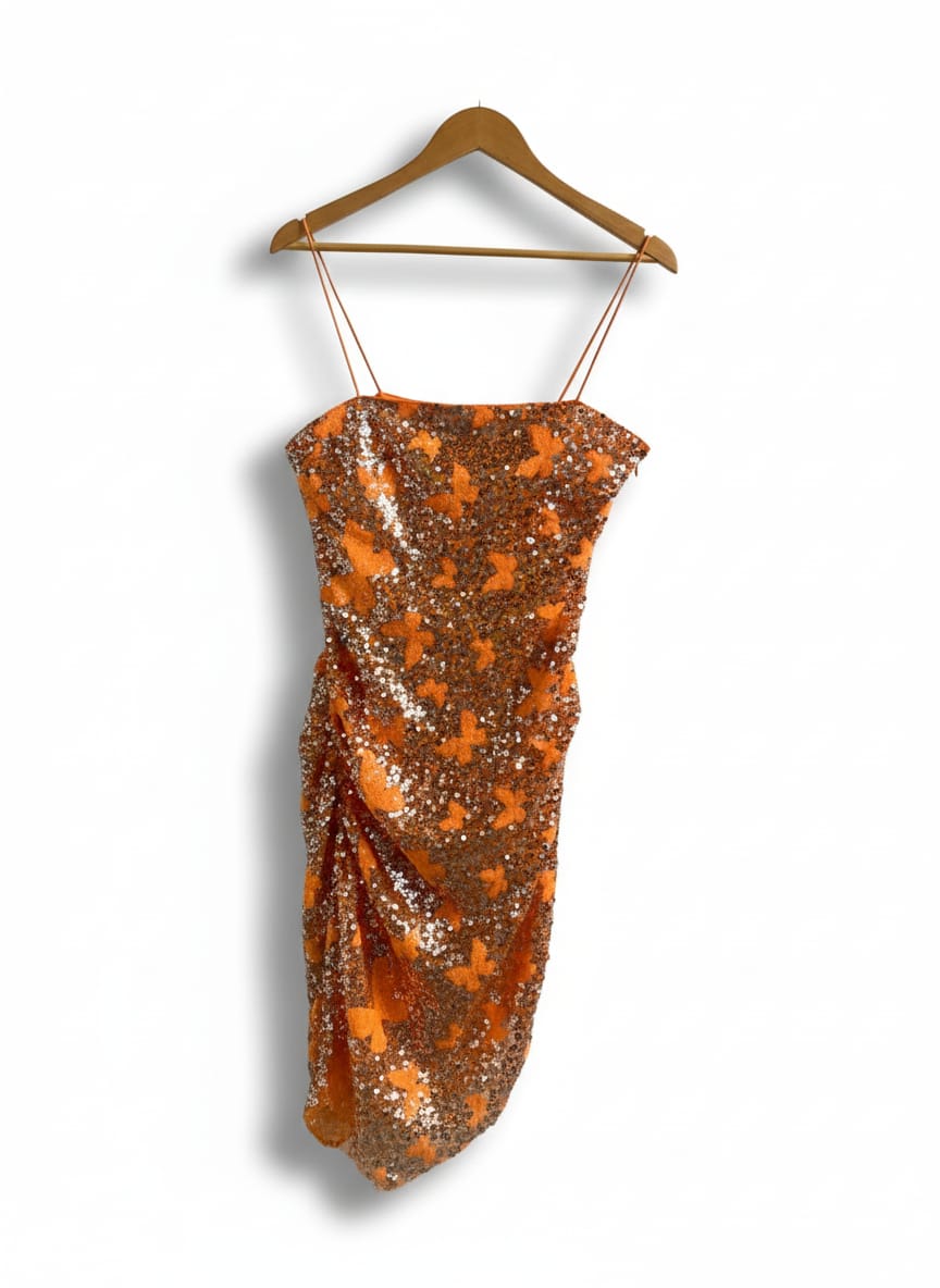 FOREVER 21|L|BUST 16|ORANGE SEQUIN BUTTERFLY RUCHED MINI DRESS