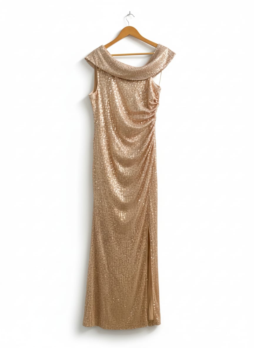 FAERIESTY|XL|BUST 18|GOLD SEQUIN OFF-THE-SHOULDER RUCHED MIDI DRESS