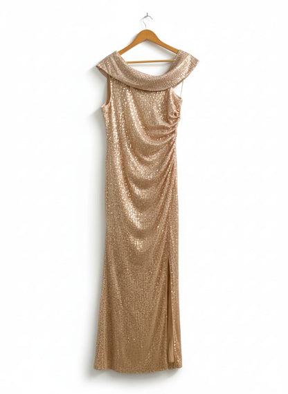 FAERIESTY|XL|BUST 18|GOLD SEQUIN OFF-THE-SHOULDER RUCHED MIDI DRESS