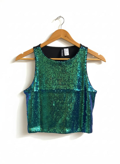 H&M DIVIDED|M|BUST 15|IRIDESCENT GREEN SEQUIN CROP TOP
