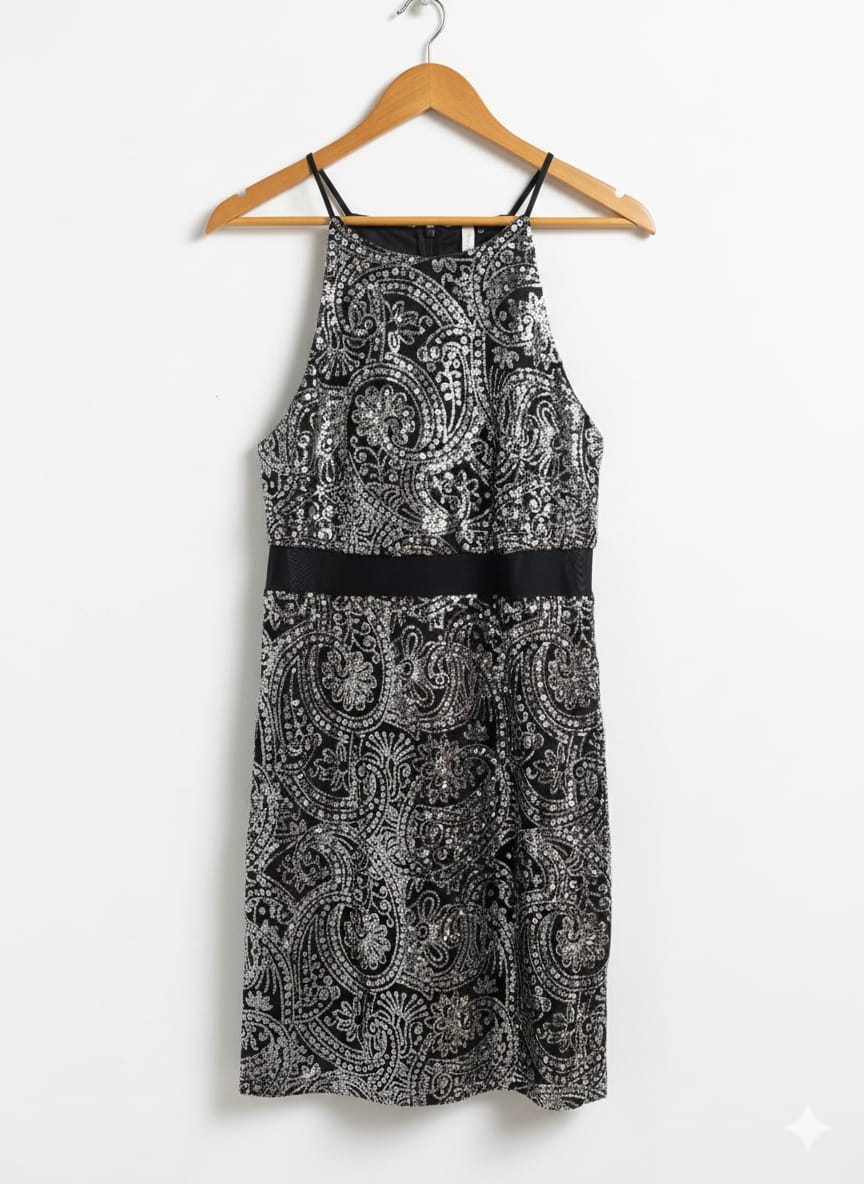 BLACK AND SILVER PAISLEY PRINT MINI DRESS|L|BUST 17