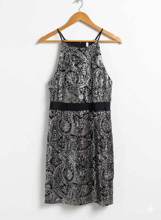 BLACK AND SILVER PAISLEY PRINT MINI DRESS|L|BUST 17