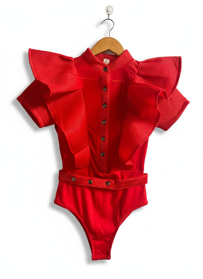 Red Ruffled Bodysuit With A High Neckline|M|BUST 15