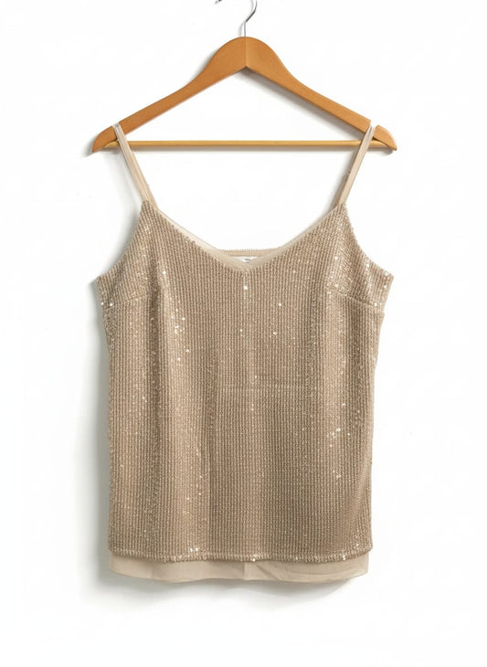 WHITE HOUSE BLACK MARKET|M|BUST 19|CHAMPAGNE SEQUIN V NECK CAMI TOP