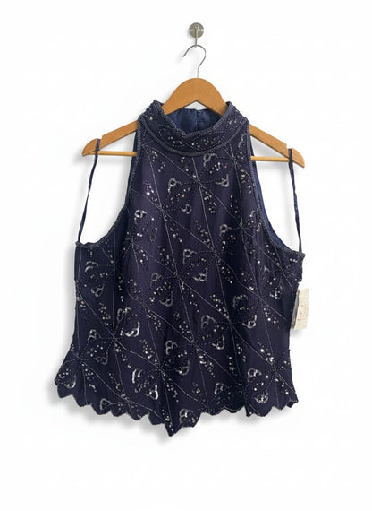TODAYS DESIGNER|XXL|BUST 20|NAVY BLUE BEADED HIGH NECK SLEEVELESS TOP