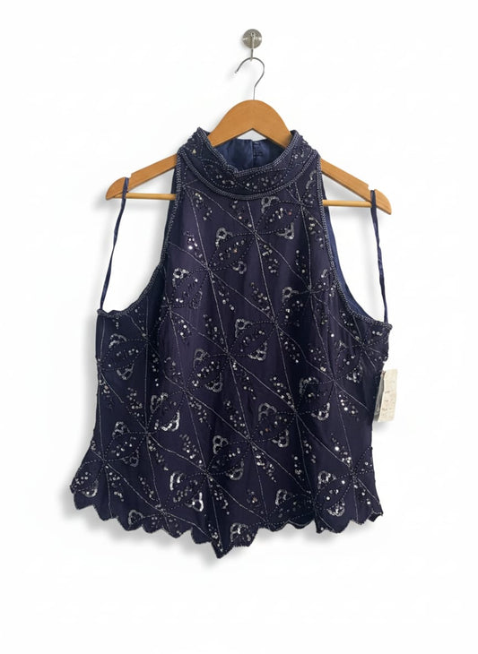 TODAYS DESIGNER|XXL|BUST 20|NAVY BLUE BEADED HIGH NECK SLEEVELESS TOP